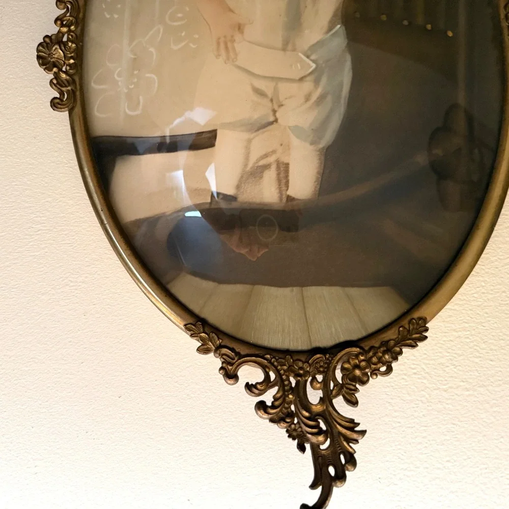 Antique Oval Bubble Glass Ornate Metal Frame Hand Colored Child Portrait Vintage
